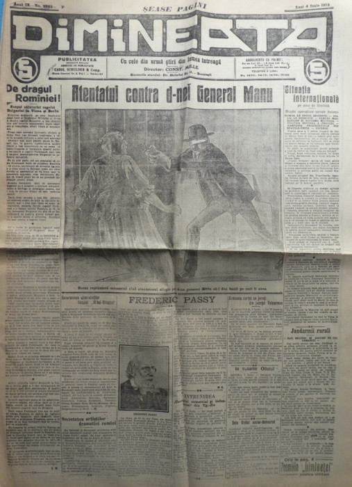 Ziarul Dimineata ; Dir. C - tin Mille , 4 Iunie 1912 , Atentat D-na General Manu