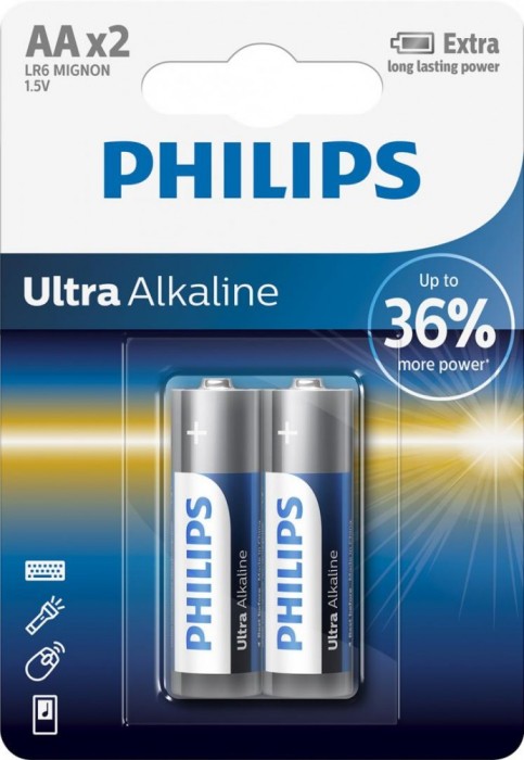 Baterii Philips Ultra Alkaline AA, 2 buc foto mare Baterii Philips Ultra Alkaline AA, 2 buc foto mare