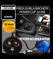 Priza dubla Power Cup la bricheta cu tester acum. + USB 12V 4Cars Profesional Brand foto