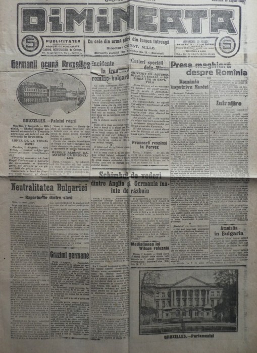 Ziarul Dimineata ; Director C - tin Mille , 10 August 1914 ; Ungurii si romanii