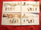 Set 4 Ilustrate -Reclame turistice animate- Auvergne -Litografii semnate 1950, Necirculata, Printata