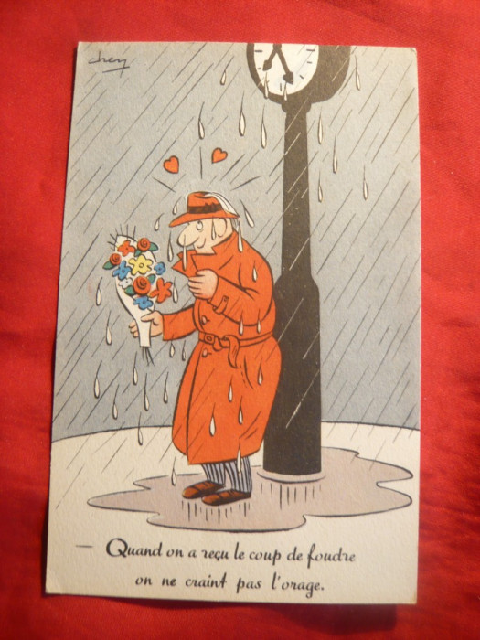 Ilustrata comica -Indragostit cu flori ,in ploaie, la ceas , semn. Chen ,Franta