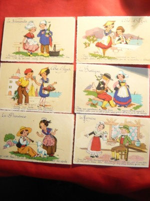 Set 6 Ilustrate -Reclame turistice animate- Provincii Franceze 1950 foto