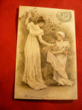 Ilustrata -Litografie TCV - Mama si Fiica culeg flori 1905 Franta, Circulata, Printata