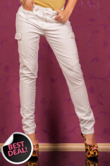 BDL50 Pantaloni albi din bumbac, accesorizati cu buzunare foto