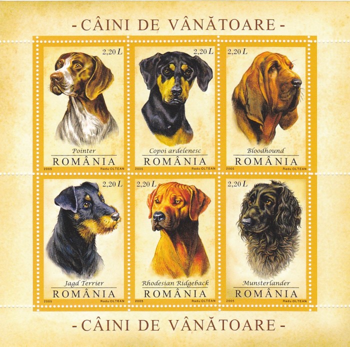 SUB% nominal!!CAINI DE VANATOARE ,BLOC,2005,MNH,ROMANIA.