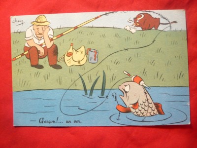 Ilustrata comica - Pescar chemat de peste - Baiete , un pahar ! semnat Chen foto