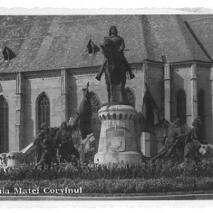 646 - CLUJ, statue Matei Corvin - old postcard, real PHOTO - used - 1936