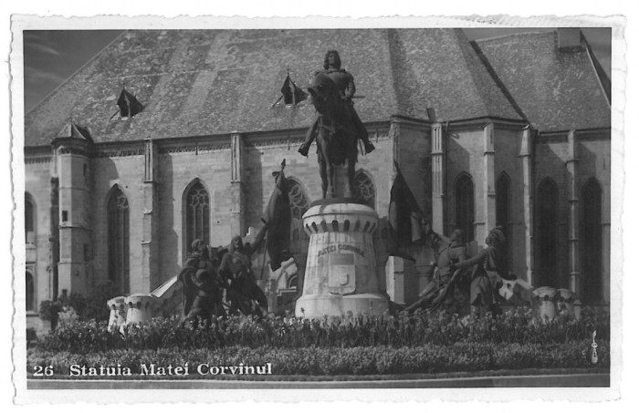 646 - CLUJ, statue Matei Corvin - old postcard, real PHOTO - used - 1936