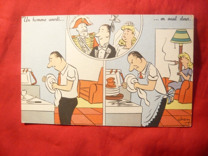 Ilustrata comica - Un om avertizat face cat 2 , semnat Chen , Franta