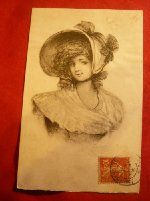 Ilustrata -Litografie TCV -1907 Portret de Femeie cu boneta -circulat Franta