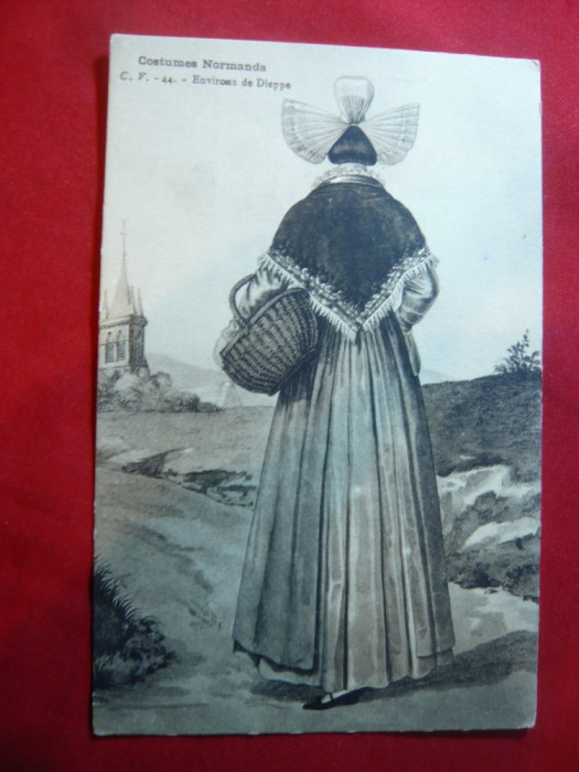 Ilustrata - Folclor - Costum Normand feminin , inc.sec.XX- Felicitare An Nou