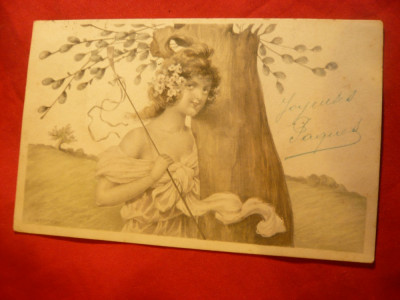 Ilustrata -Litografie -1910 Tanara langa copac -Franta foto