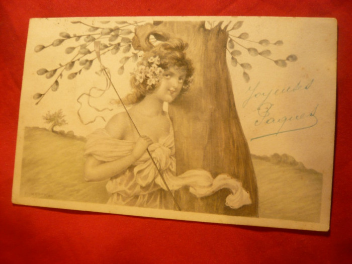 Ilustrata -Litografie -1910 Tanara langa copac -Franta