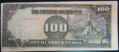 Bancnota istorica 100 PESOS - FILIPINE INVAZIE JAPONEZA, 1942 *Cod 582 = EROARE foto