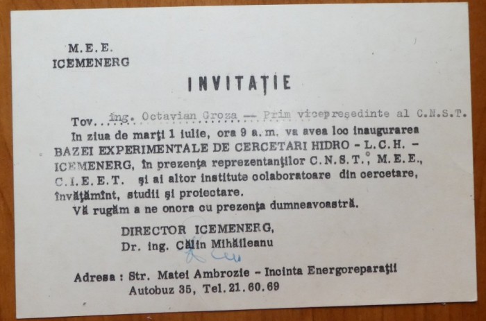 Invitatie la inaugurarea Bazei Experim. de Cercetari Hidro a lui Octavian Groza