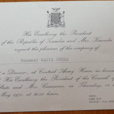 Invitatie la dineu a Presedintelui Zambiei , D-l Kaunda catre Maria Mia Groza