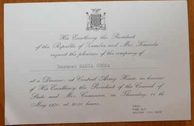 Invitatie La Dineu A Presedintelui Zambiei D L Kaunda Catre