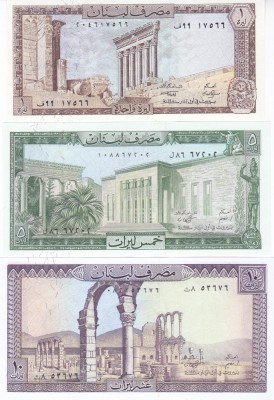 Bancnota Liban 1, 5 si 10 Livre - 1980/86 - P61-63 UNC ( set 3 bancnote ) foto