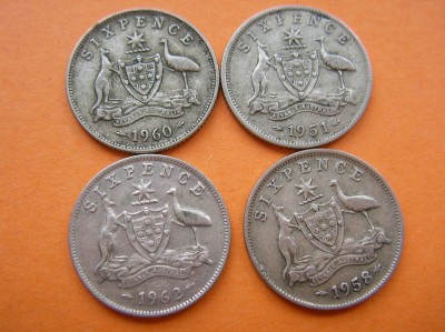 SIX PENCE, 6 PENCE 1951 ;1958 ; 1960 ; 1962 . LOT ARGINT foto