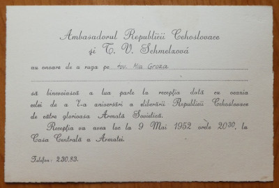 Invitatie la receptie a ambasadorului Republicii Cehe catre Mia Groza , 1952 foto