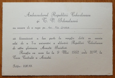 Invitatie la receptie a ambasadorului Republicii Cehe catre Mia Groza, 1952 foto