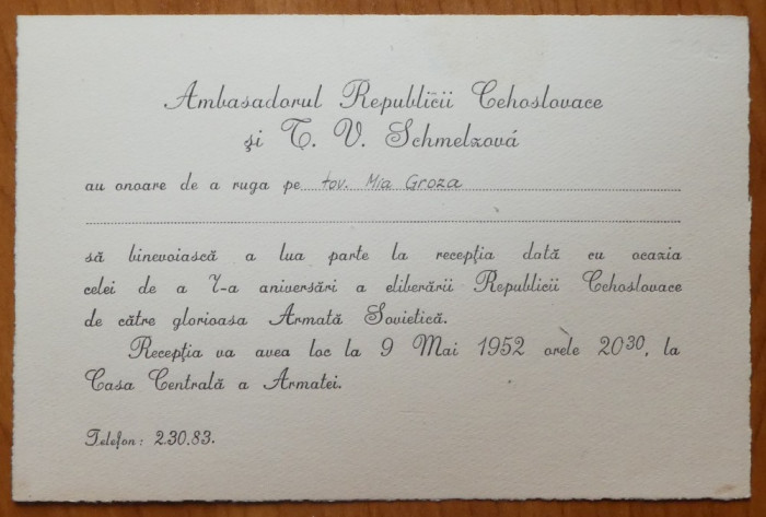 Invitatie la receptie a ambasadorului Republicii Cehe catre Mia Groza , 1952