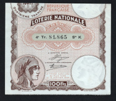 Franta Bilet Loterie pt colectionari 100 Francs s 81865 1934 foto
