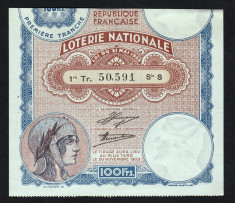 Franta Bilet Loterie pt colectionari 100 Francs s 50591 1933 foto