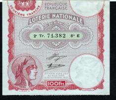 Franta Bilet Loterie pt colectionari 100 Francs s 71382 1933 foto