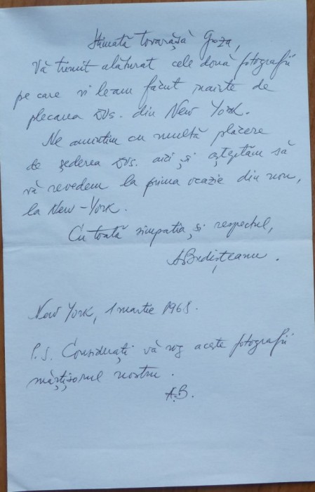 2 foto cu Mia Groza si o scrisoare a arhitectului Alexandru Budisteanu, 1967