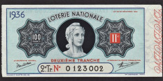 Franta Bilet Loterie pt colectionari 100 Francs s 0123002 1936 foto
