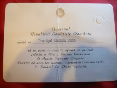 Invitatie a Guvernului RSR la Receptia cu ocazia Sedintei CAER pt. Gh.Cocos 1986 foto