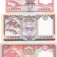 Bancnota Nepal 5, 10 si 20 Rupii 2012 - P69-71 UNC ( set 3 bancnote )