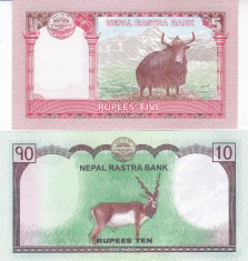 Bancnota Nepal 5 si 10 Rupii 2017 - PNew UNC ( desene noi pe spate - set x2 ) foto