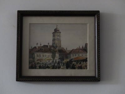 Acuarelă cu Sibiul, din perioada interbelică foto