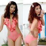 Costum de Baie Intreg Monokini cu Volan Roz Prafuit, Marime M/L, Burete Detașabil
