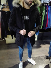 Geaca groasa de iarna barbati din material tercot neagra cu blana slimfit casual foto