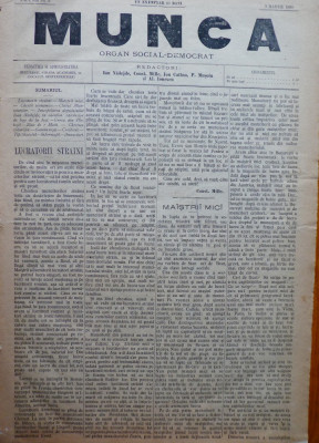 Ziarul Munca , organ social-democrat , an 1 ,nr. 2 ,1890 , I. Nadejde , C. Mille foto