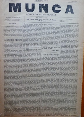 Ziarul Munca , organ social-democrat , an 1 ,nr. 2 ,1890 , I. Nadejde , C. Mille foto