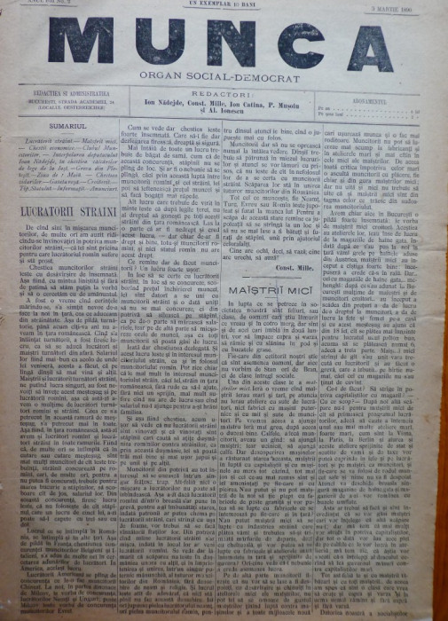 Ziarul Munca , organ social-democrat , an 1 ,nr. 2 ,1890 , I. Nadejde , C. Mille