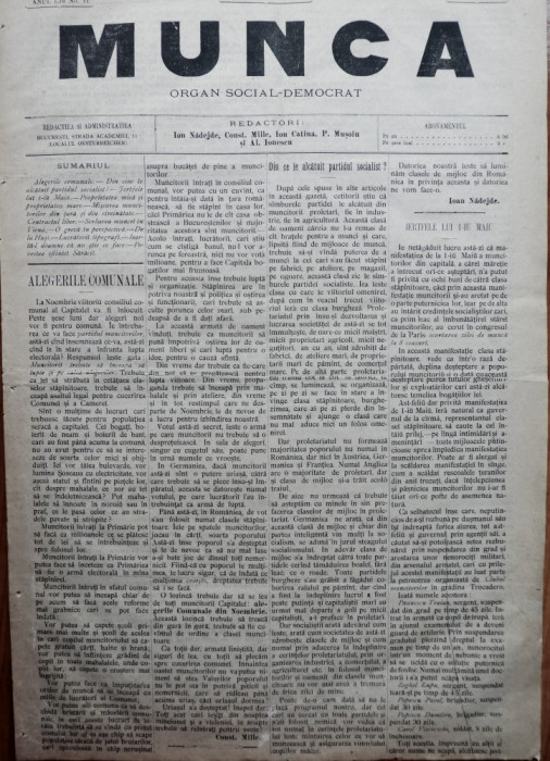 Ziarul Munca , organ social-democrat ,an 1 ,nr. 11 ,1890 , I. Nadejde , C. Mille