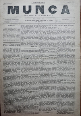 Ziarul Munca , organ social-democrat , an 1 ,nr. 8 ,1890 , I. Nadejde , C. Mille foto