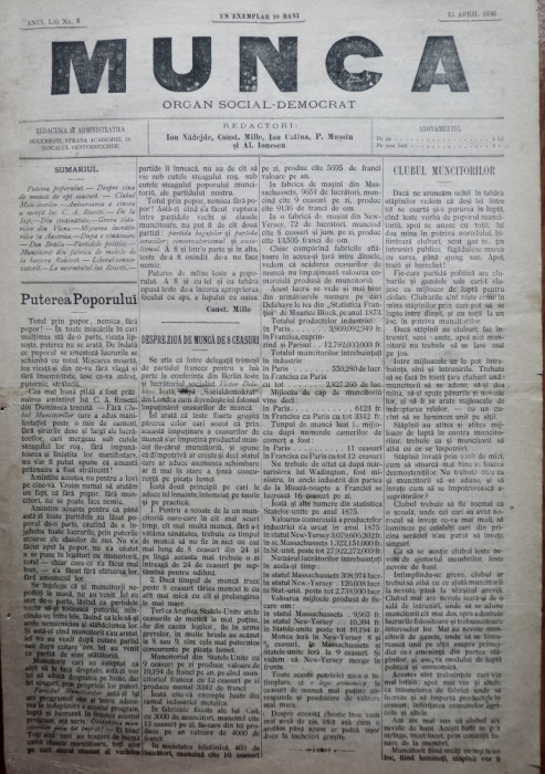 Ziarul Munca , organ social-democrat , an 1 ,nr. 8 ,1890 , I. Nadejde , C. Mille