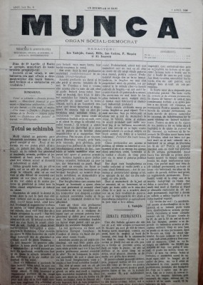 Ziarul Munca , organ social-democrat , an 1 ,nr. 6 ,1890 , I. Nadejde , C. Mille foto