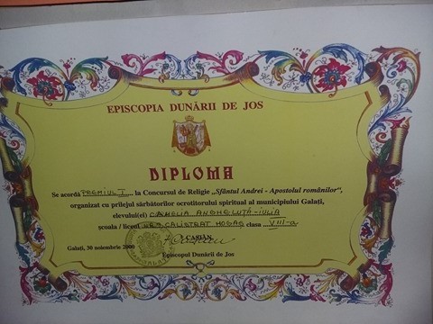 Diploma,concurs de religie,Episcopia Dunarii de jos,Sf.Apostol Andrei,T.GRATUIT