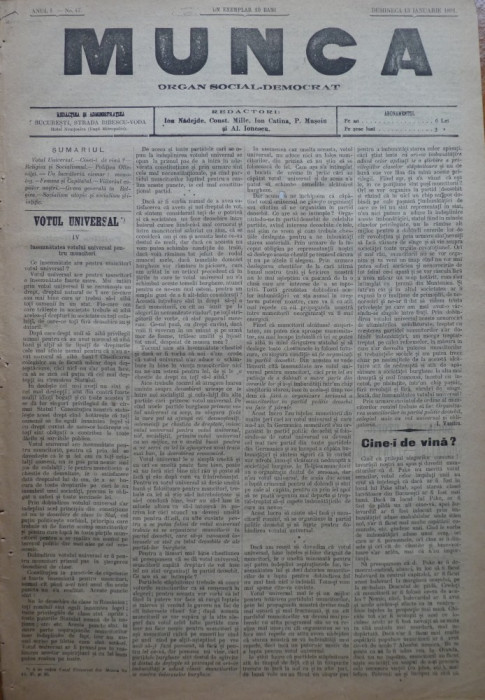 Ziarul Munca , organ social-democrat ,an 1 ,nr. 47, 1891 , I. Nadejde , C. Mille
