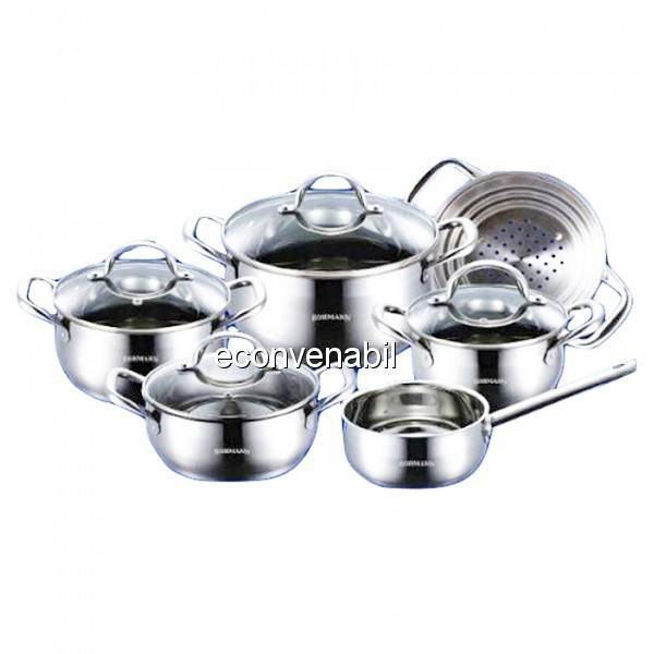 Set de vase inox cu capac de sticla 10 Piese Bohmann BH1040 foto mare Set de vase inox cu capac de sticla 10 Piese Bohmann BH1040 foto mare