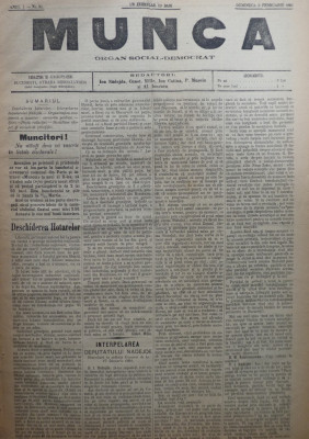 Ziarul Munca , organ social-democrat ,an 1 ,nr. 50 ,1891 , I. Nadejde , C. Mille foto