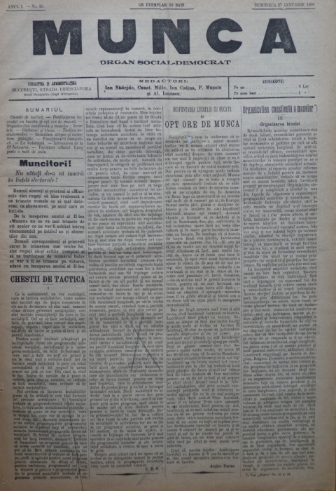 Ziarul Munca , organ social-democrat , an 1 ,nr. 49 ,1891 ,I. Nadejde , C. Mille